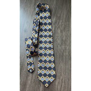 Vintage Halston Silk Tie - Blue & Gold Ornate Geometric Pattern Made in USA